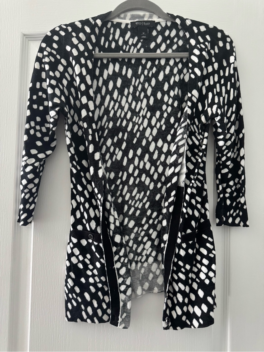 White House Black Market Black and White Patterned Open Cardigan
